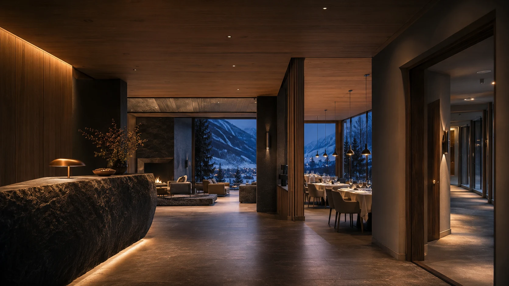 Rezeption, Lounge und Restaurant eines individuellen Berghotels als zusammenhängende Hotelwelt