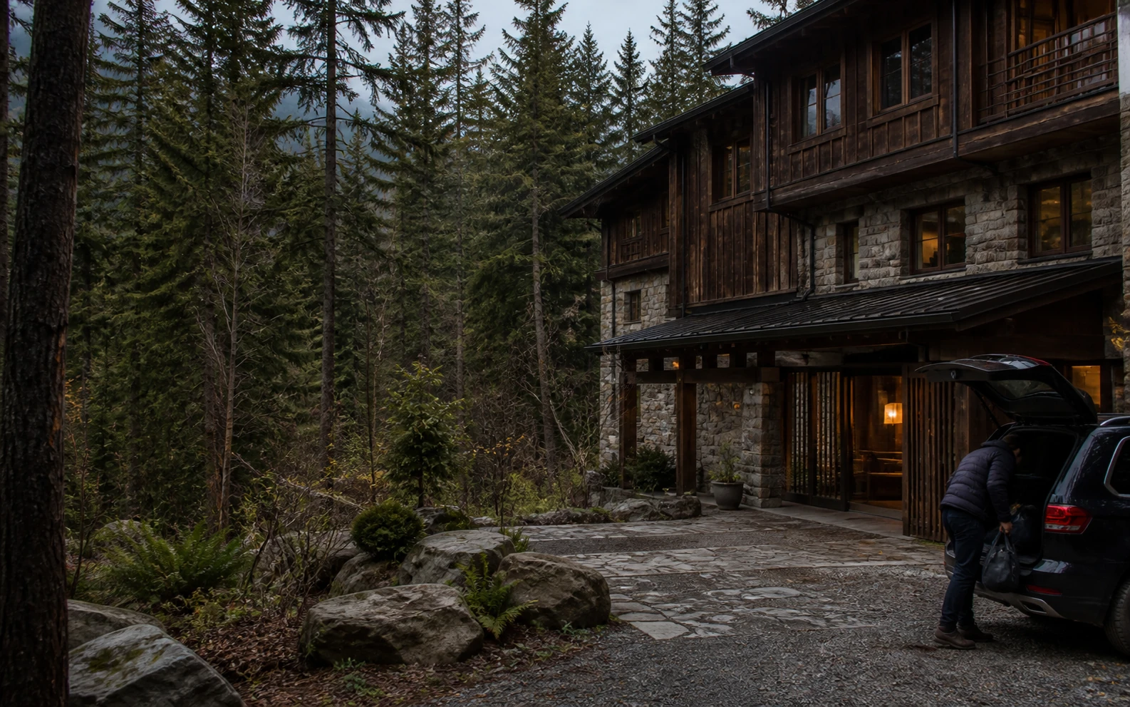 Ankunft an einem Waldhotel als Konzeptbild