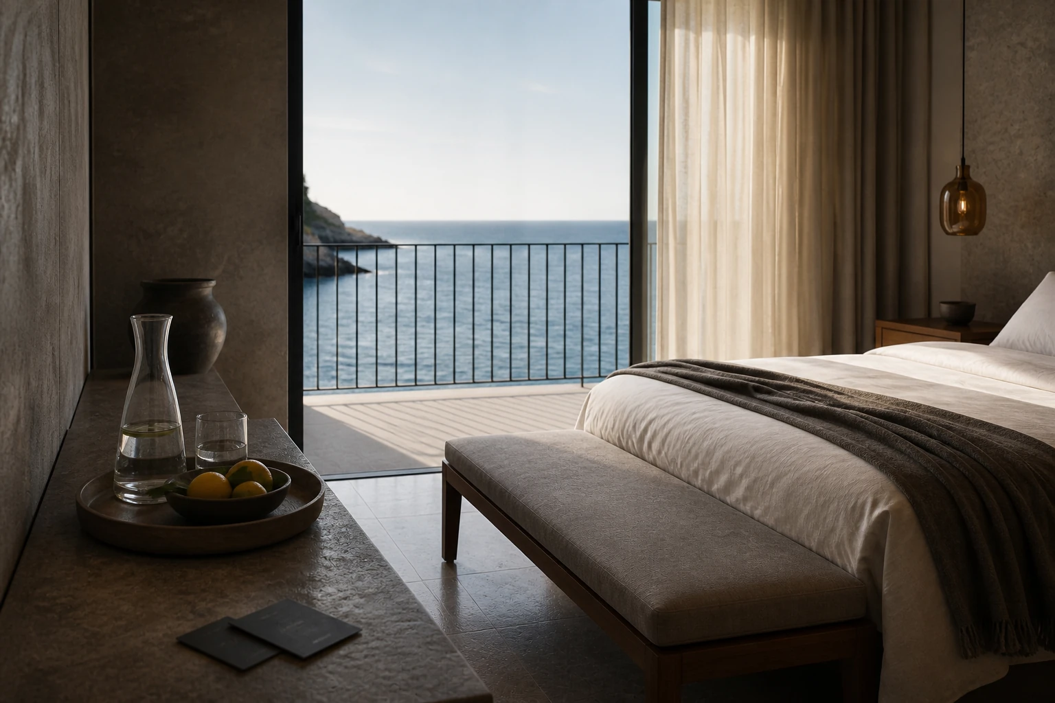 Früh bezugsbereite Hotelsuite mit Meerblick und Willkommensarrangement