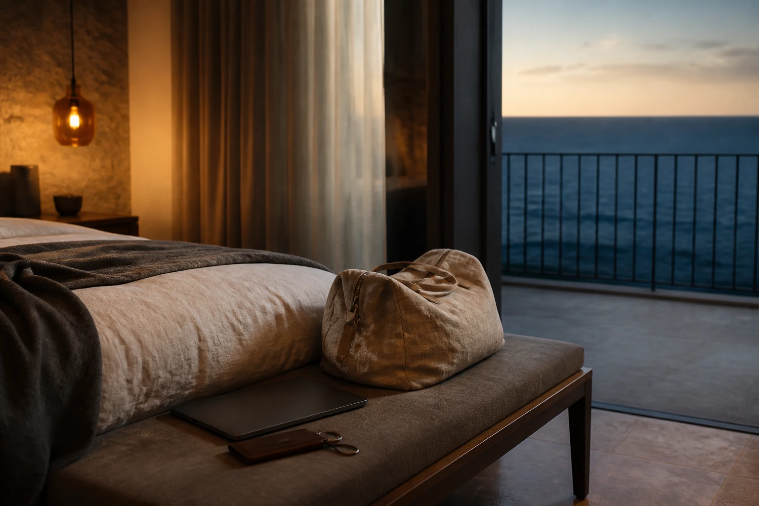 Geöffnete Hotelsuite am Meer mit Wochenendtasche und geschlossenem Laptop