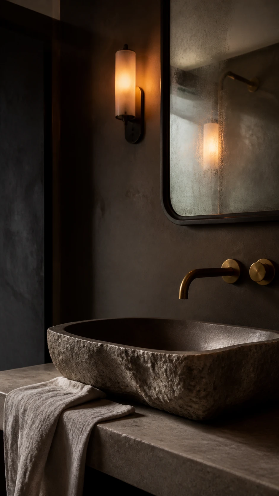 Steinwaschbecken im dunklen Boutiquehotelbad
