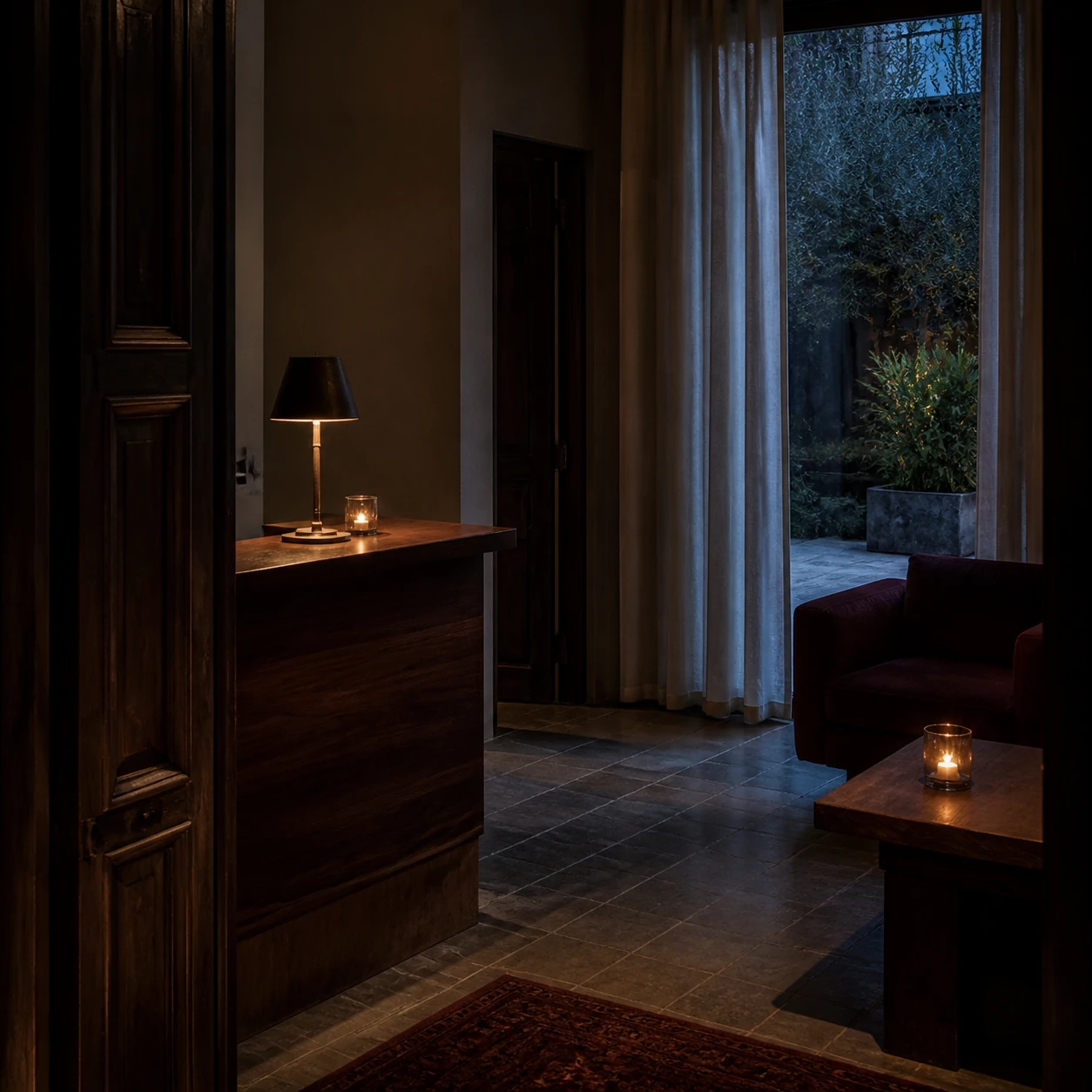 Dunkle Lobby mit Blick in den Innenhof