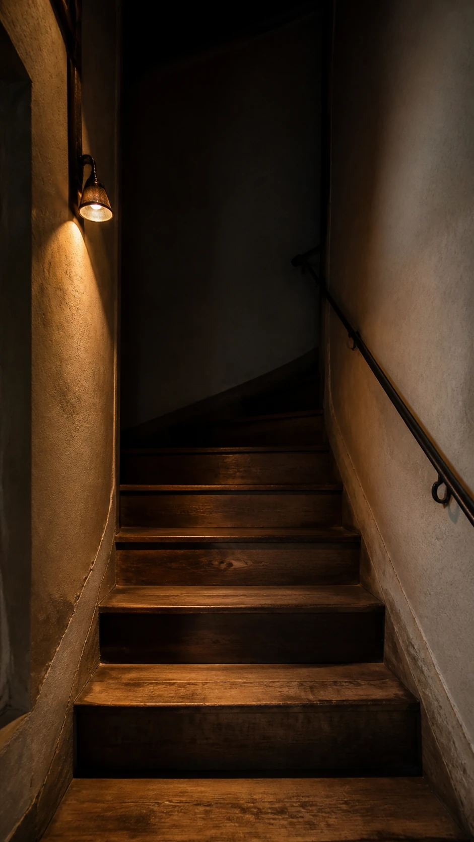Schmale Treppe im Boutiquehotel bei warmem Abendlicht