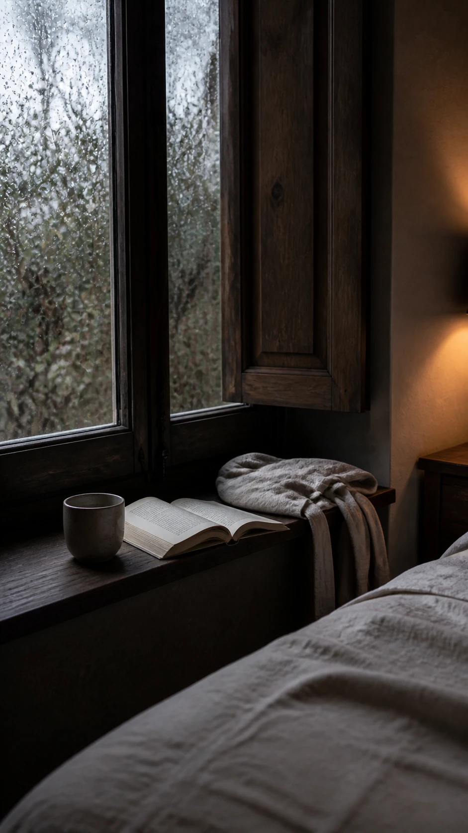 Regenfenster mit Buch, Leinen und Keramiktasse