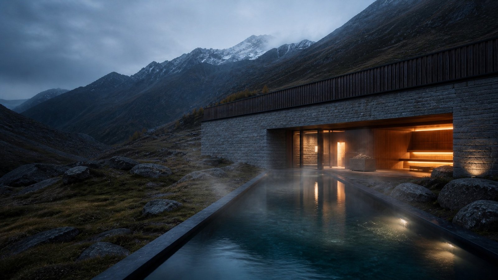 Alpines Hotel mit Thermalbecken als Konzeptbild