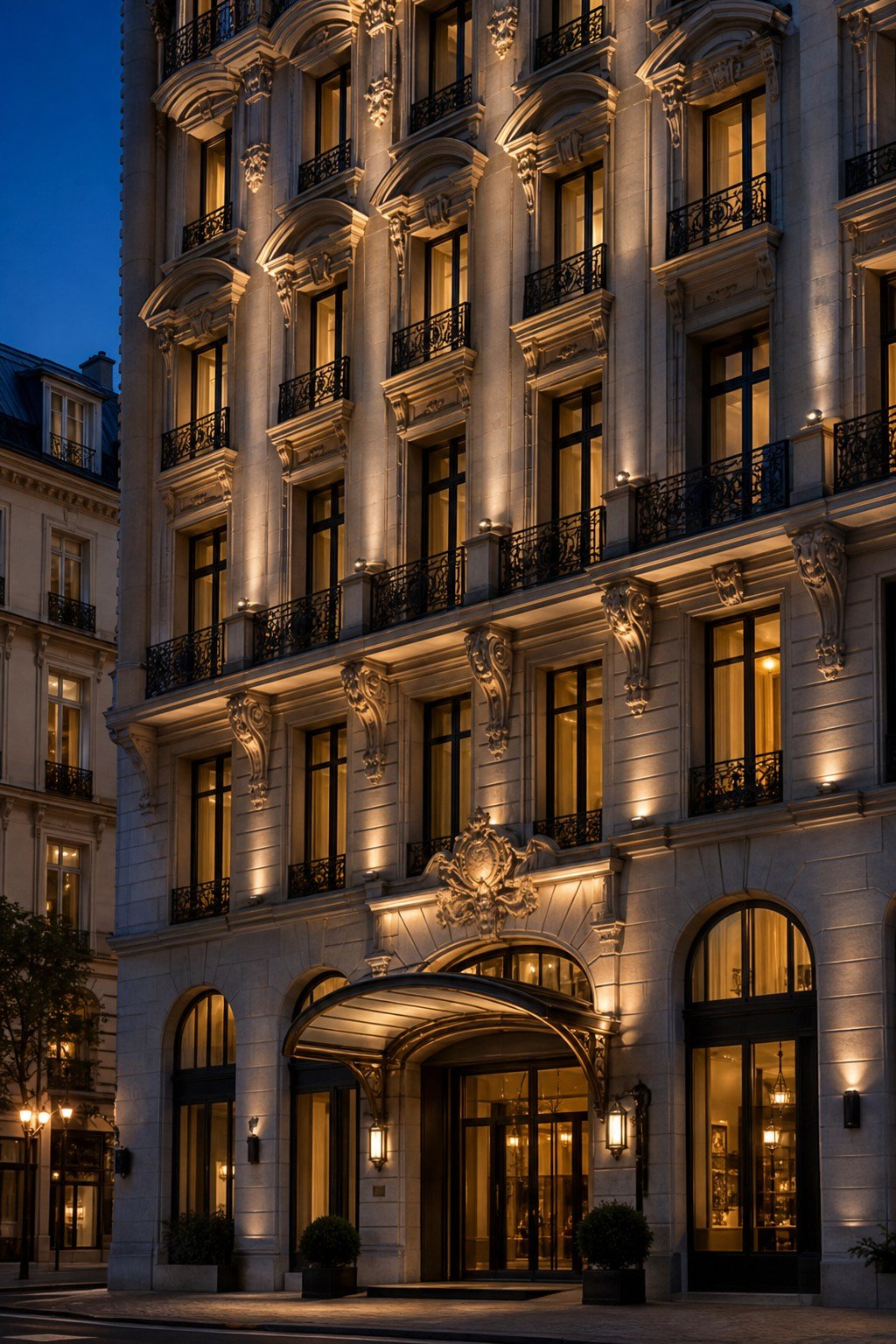 Elegantes Stadthotel am Abend als Konzeptbild